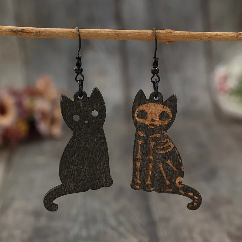 Charming Wooden Cat Earrings with Alloy Hooks - Unique 2.7 Inch Lightweight Jewelry