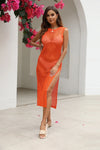 Cutout Openwork Round Neck Sleeveless Cover-Up Orange