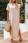 Button Down Short Sleeve Midi Shirt Dress Khaki