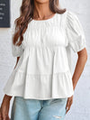 Round Neck Puff Sleeve Tiered Blouse White
