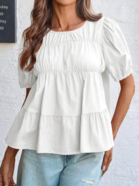 Round Neck Puff Sleeve Tiered Blouse White
