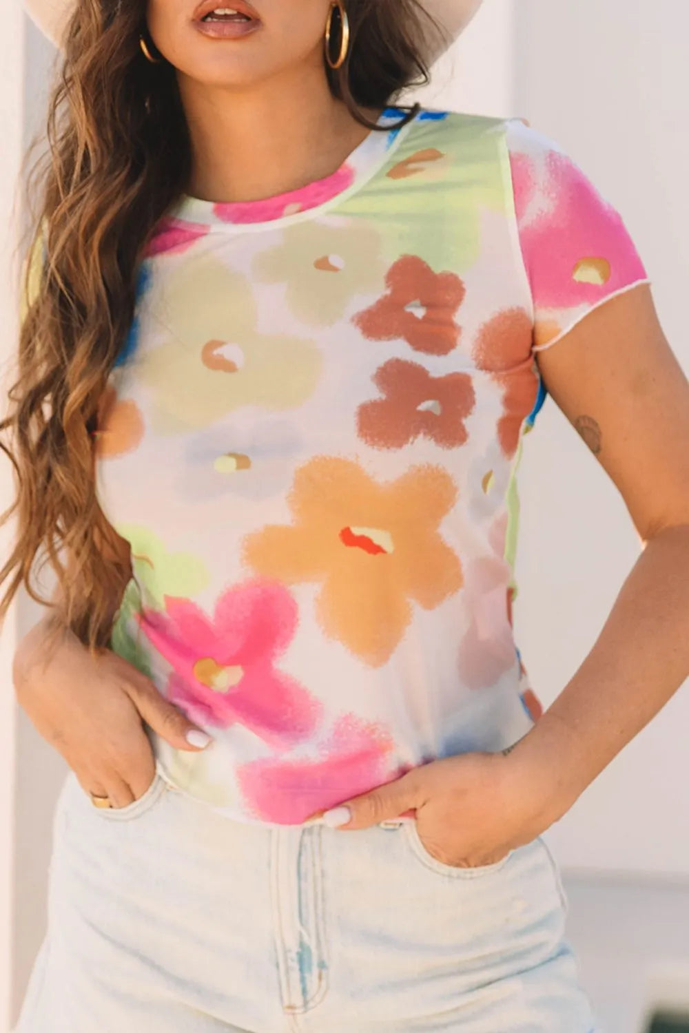 Trendy Printed Round Neck Blouse for Women | Short Sleeve, Slightly Stretchy, Opaque Fabric