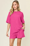 Double Take Basic style Round Neck Solid Set Hot Pink