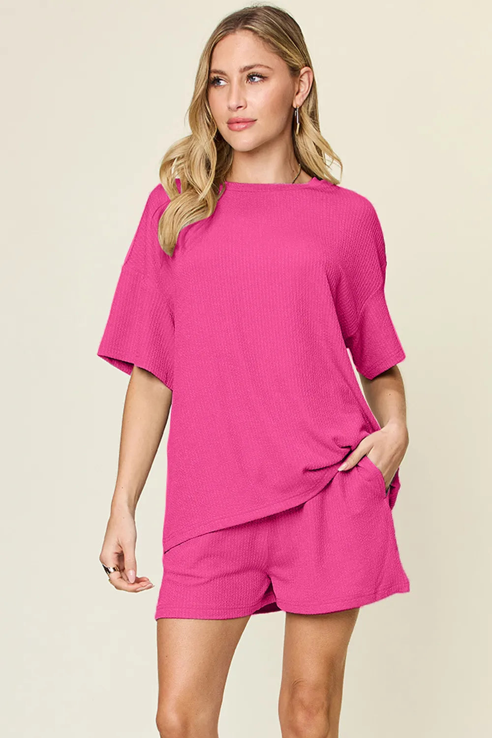 Trendsi Double Take Round Neck Solid Two-Piece Set - Stretchy Basic Style Fashion