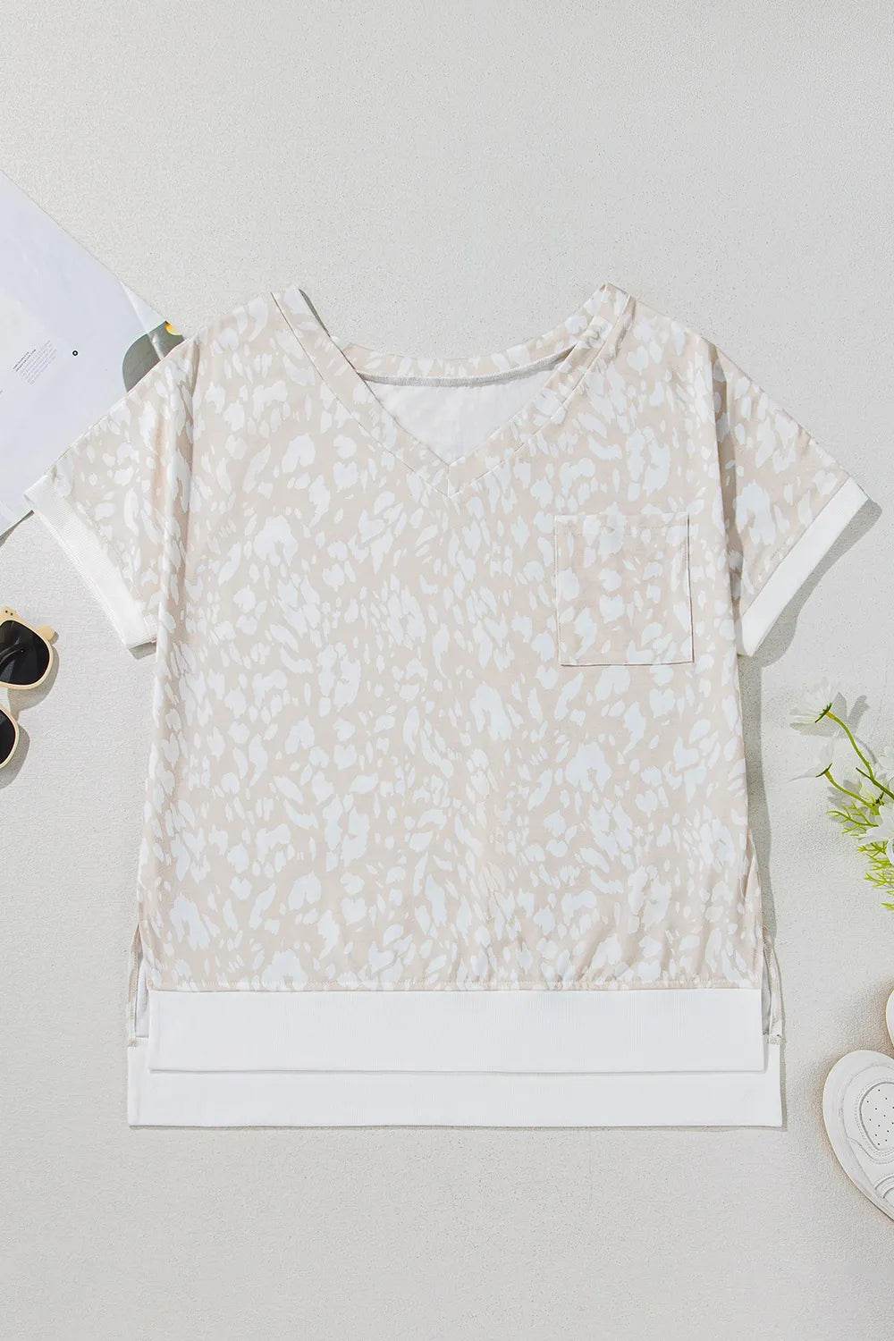 Leopard Print V-Neck T-Shirt with Side Slit - Loose Fit, Stretchy, Casual Style - Store 42