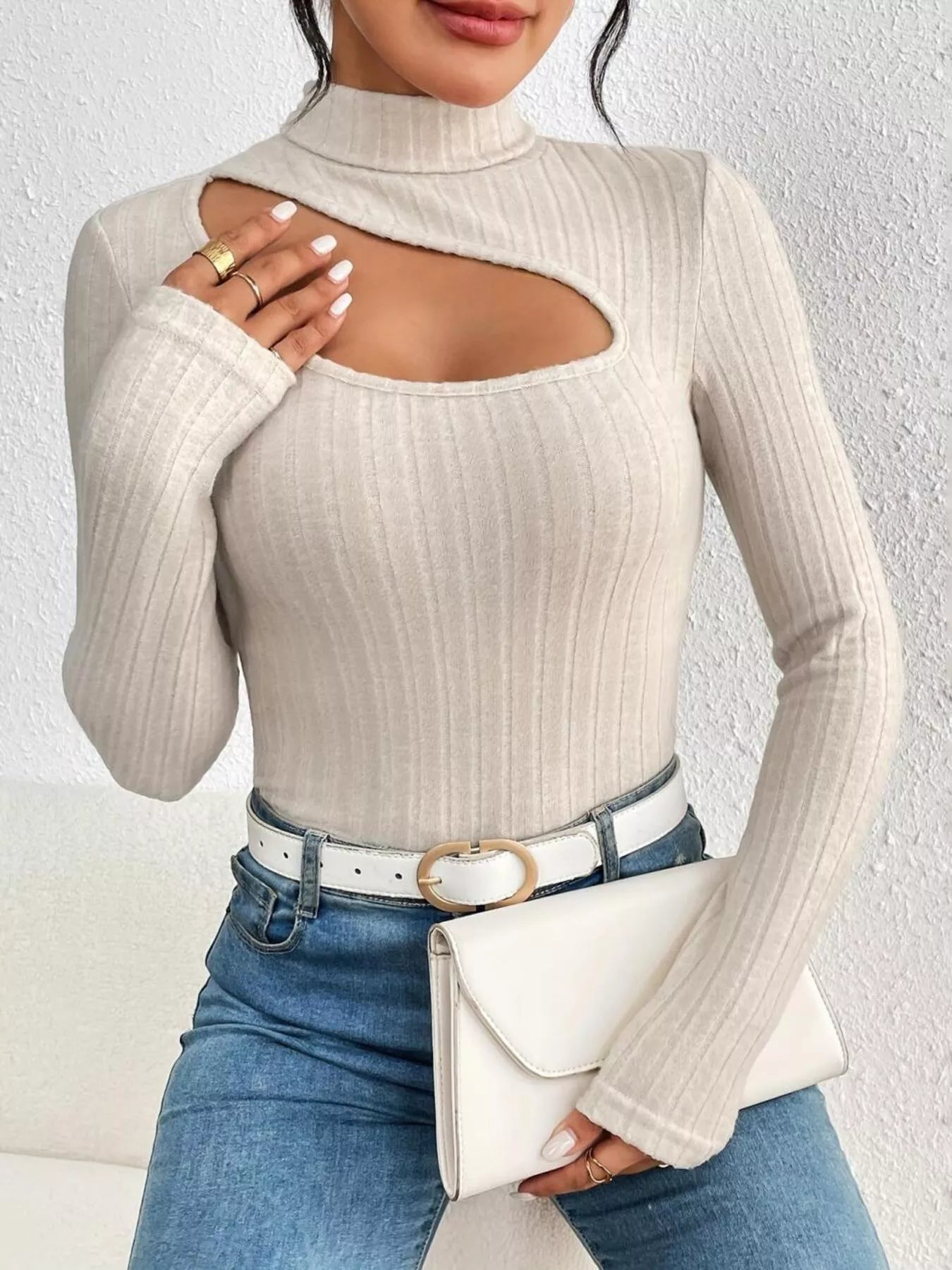 Ribbed Turtleneck Cutout Long Sleeve T-Shirt