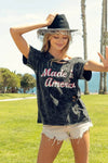 Trendy Laser Cut Mineral Washed Top with America Print - 100% Cotton Patriotic Style - Store 42