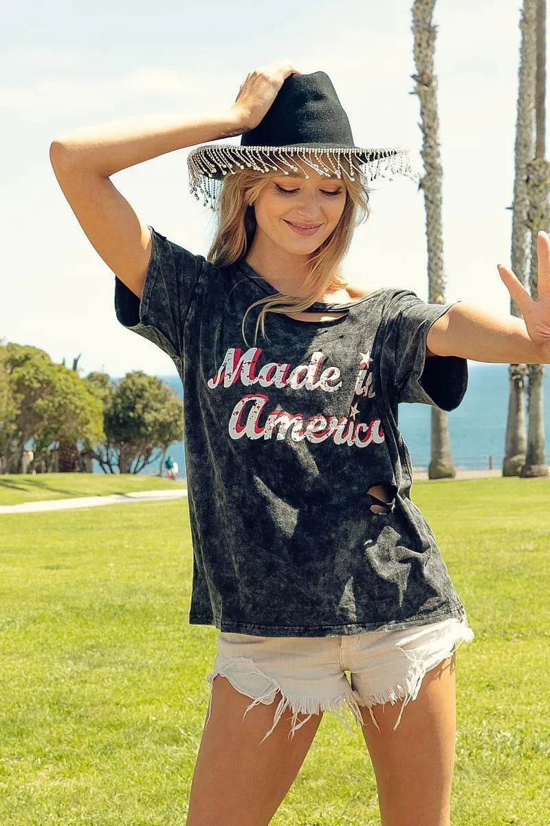 Trendy Laser Cut Mineral Washed Top with America Print - 100% Cotton Patriotic Style - Store 42