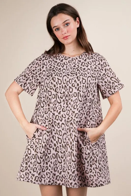 Trendy Leopard Printed Comfy Mini Dress with Pockets - 100% Cotton Relaxed Fit