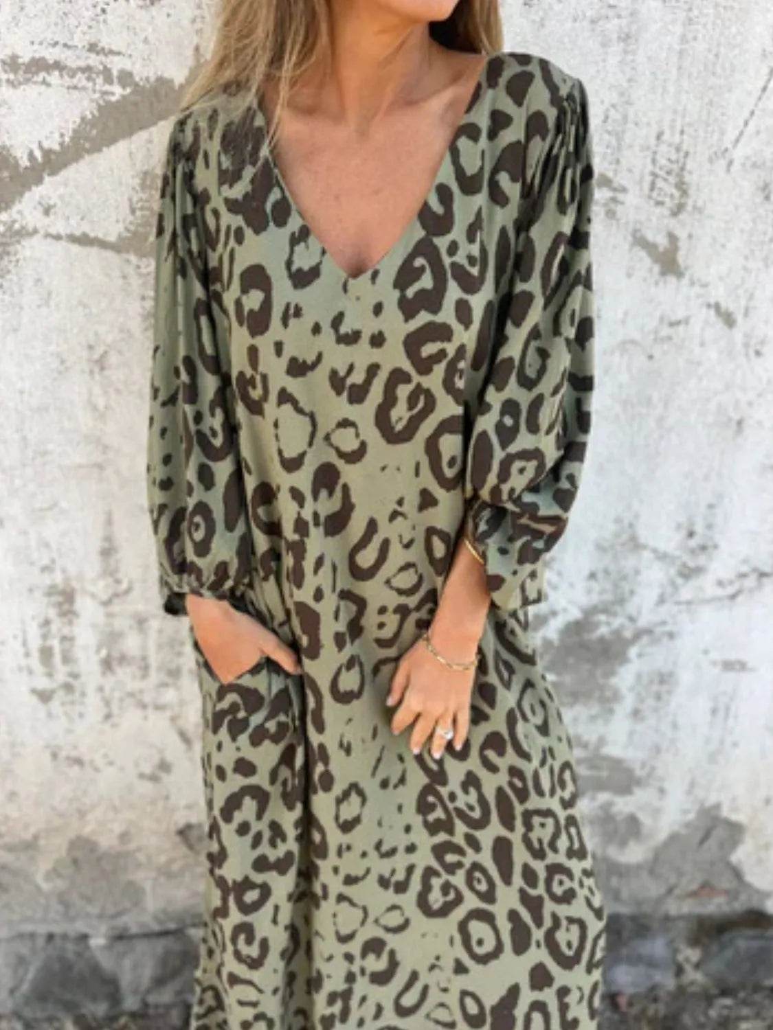 Full Size Printed V-Neck Dress with Pockets Plus Size - Store 42