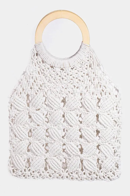 Boho Chic Braided Wooden Top Handle Bag - Earthy Style, Medium Size, 100% Polyester