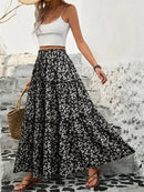Tiered Floral Maxi Skirt Black