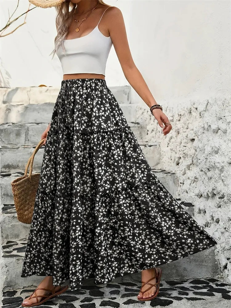 Tiered Floral Maxi Skirt Black