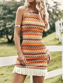 Fringe Grecian Neck Mini Dress