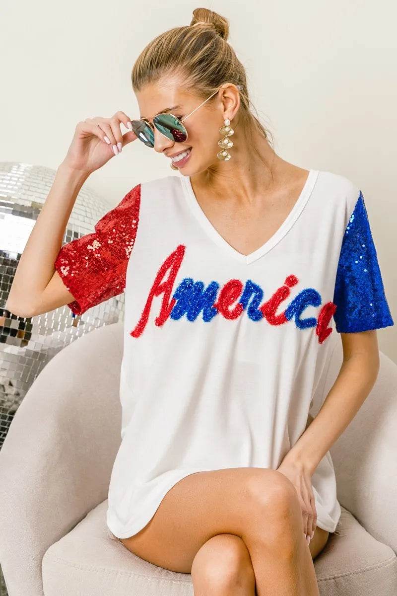 Chic Metallic Letter V-Neck Top with Sequin Sleeves for Glamorous Looks - Store 42