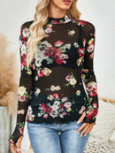 Floral Mock Neck Long Sleeve Top for Women - Slightly Stretchy, Comfortable Polyester Blend - Store 42