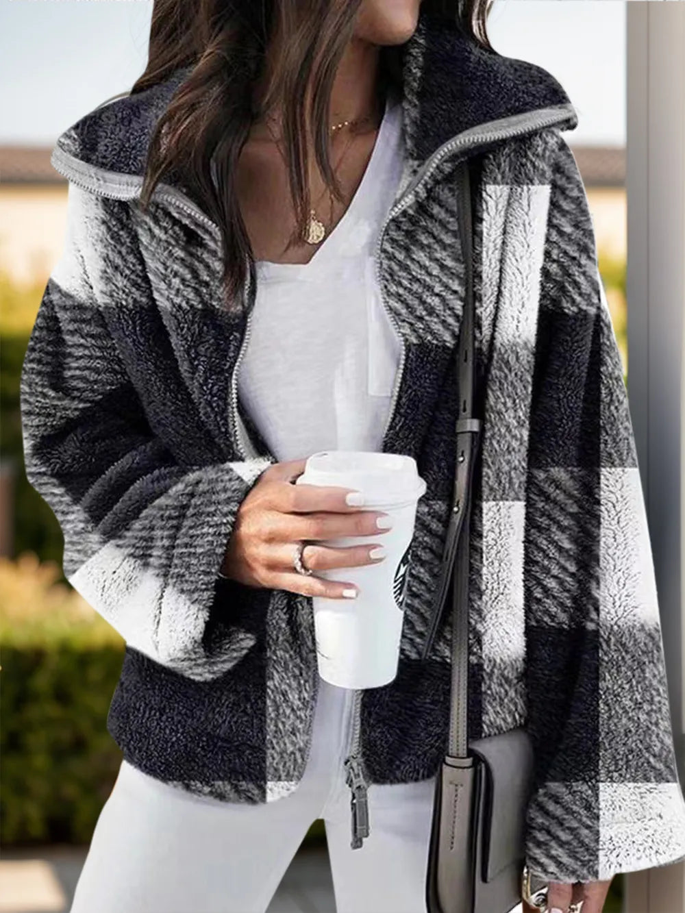 Trendy Full Size Plaid Zip Up Long Sleeve Jacket for Women - 100% Polyester, Comfortable Fit