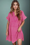 Tiered Notched Short Sleeve Dres Pink