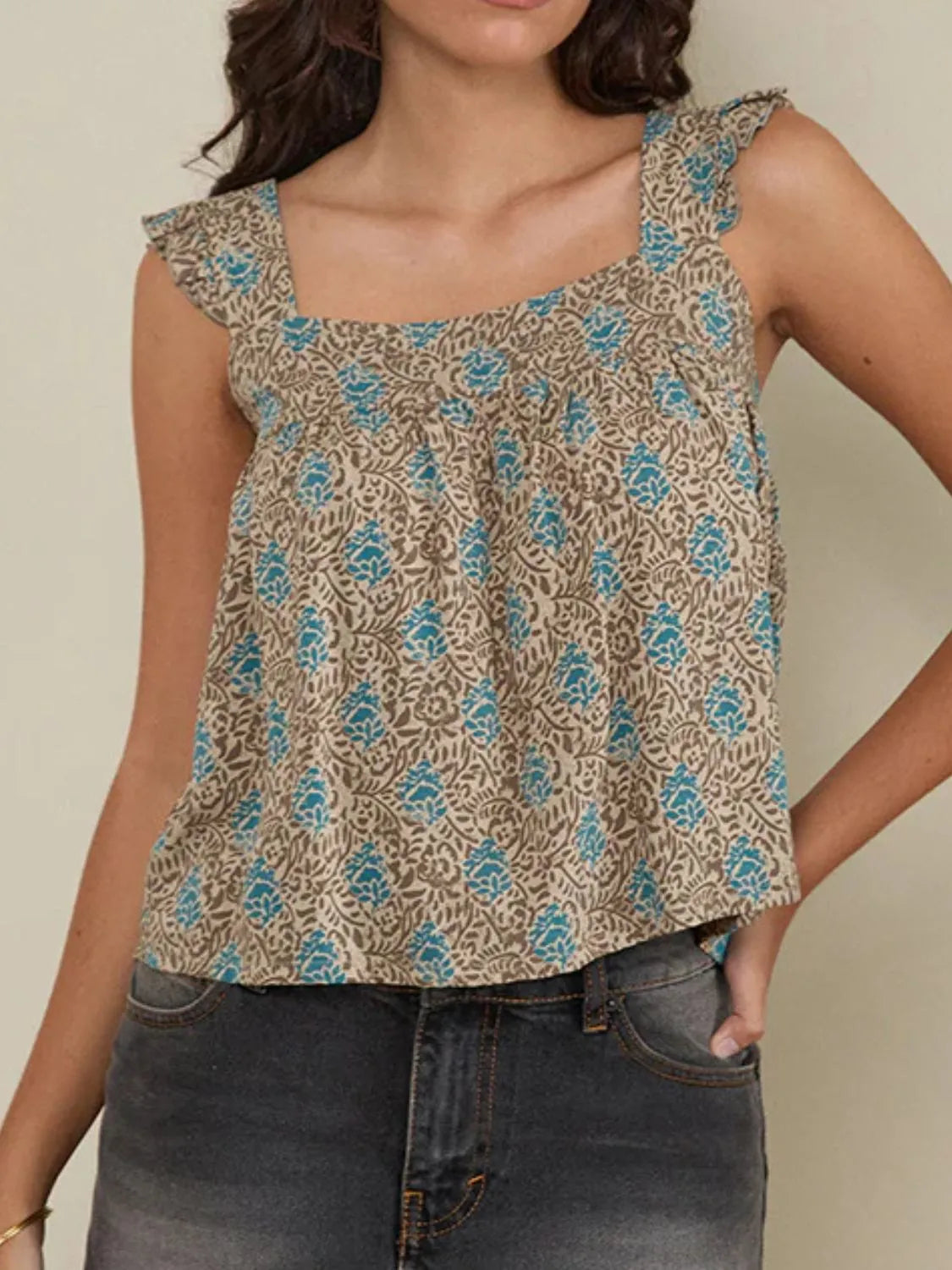 Ruffled Plaid Square Neck Tank