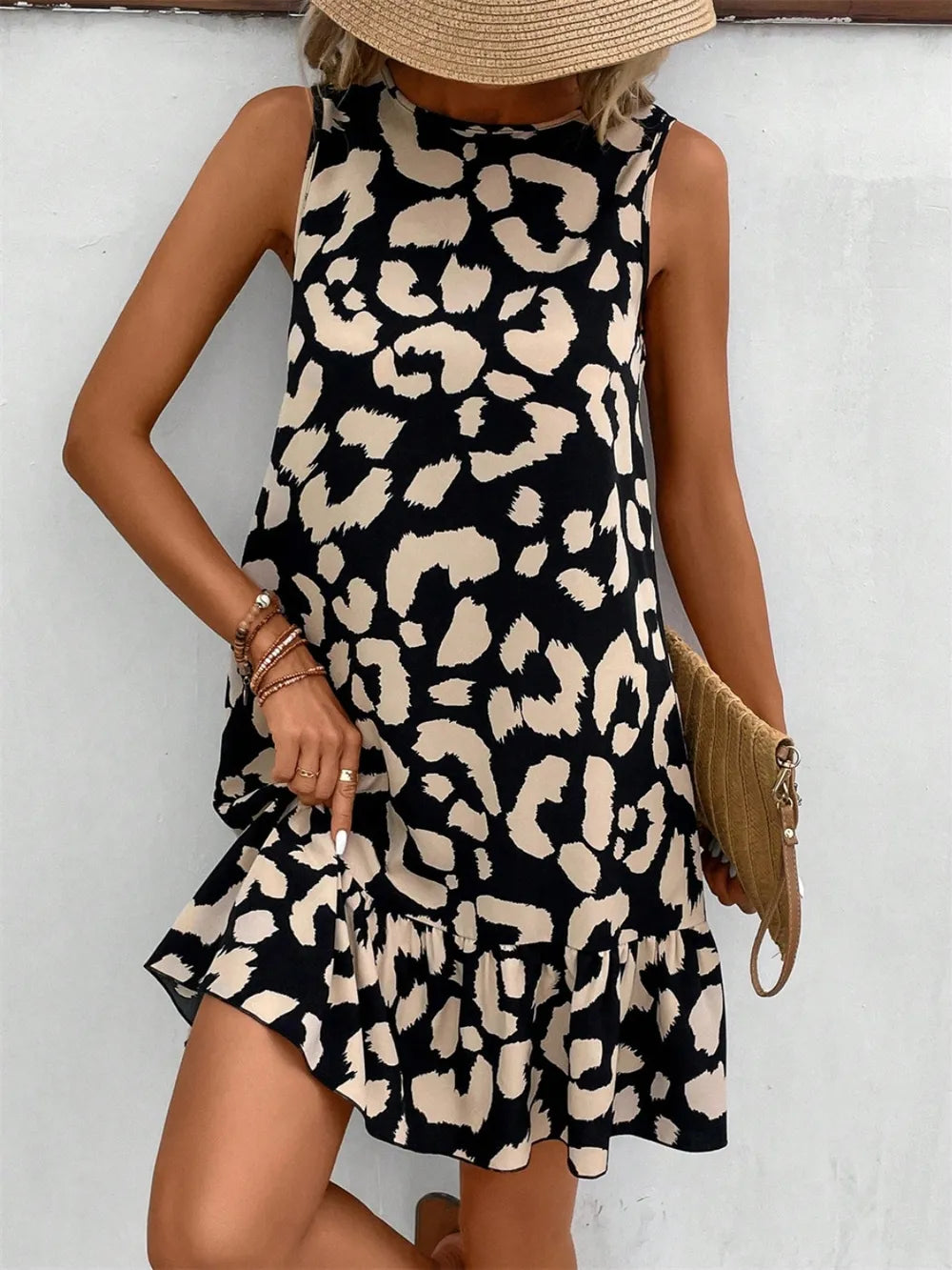 Tied Leopard Print Round Neck Tank Dress - Opaque Stretch-Free 100% Polyester