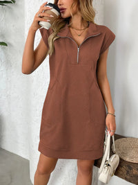 Texture Half Zip Cap Sleeve Mini Dress Brown