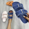 Raw Hem Open Toe Double Buckle Sandals Royal Blue