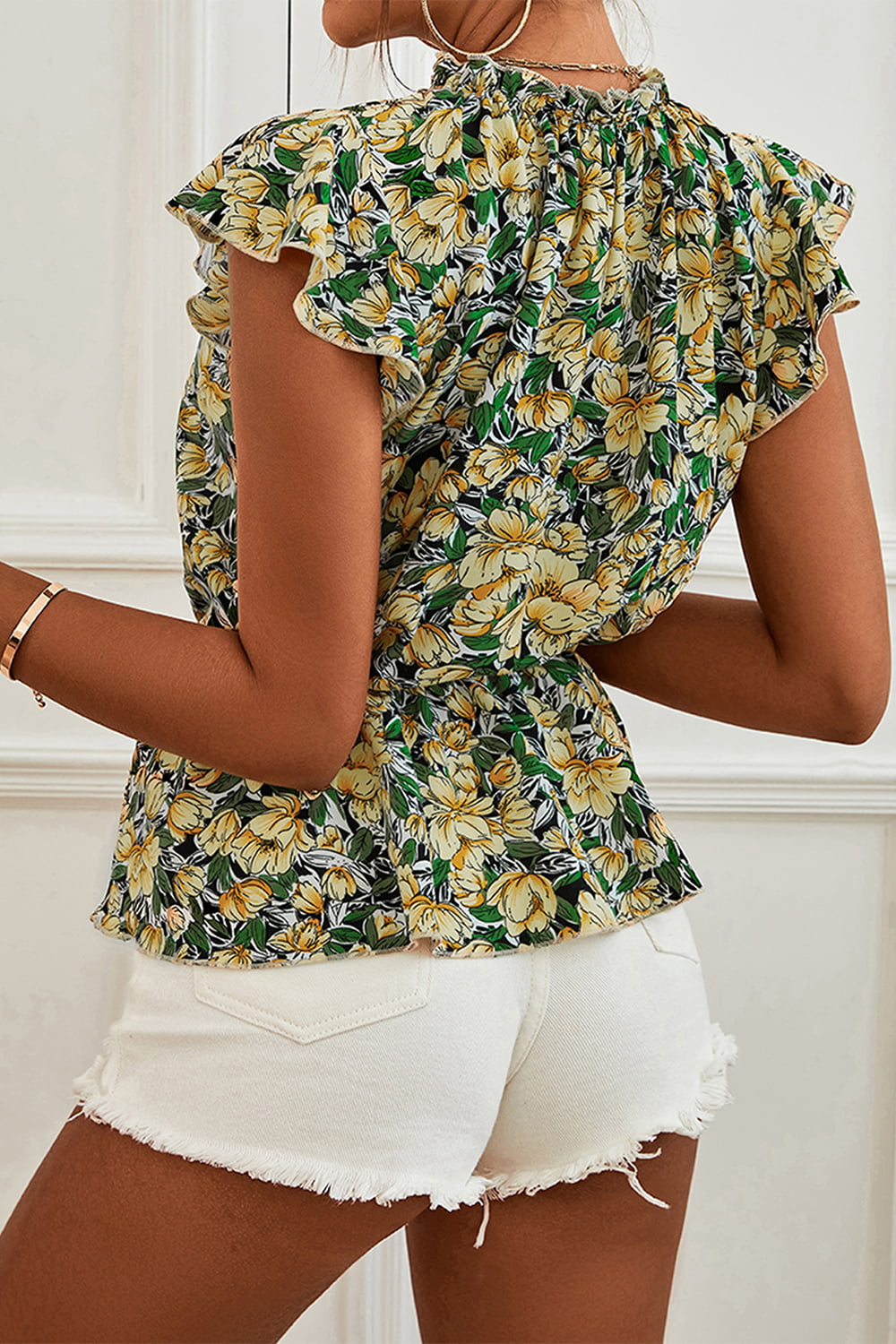 Chic Floral Mock Neck Peplum Top With Flutter Sleeves – Casual Style For Every Occasion
