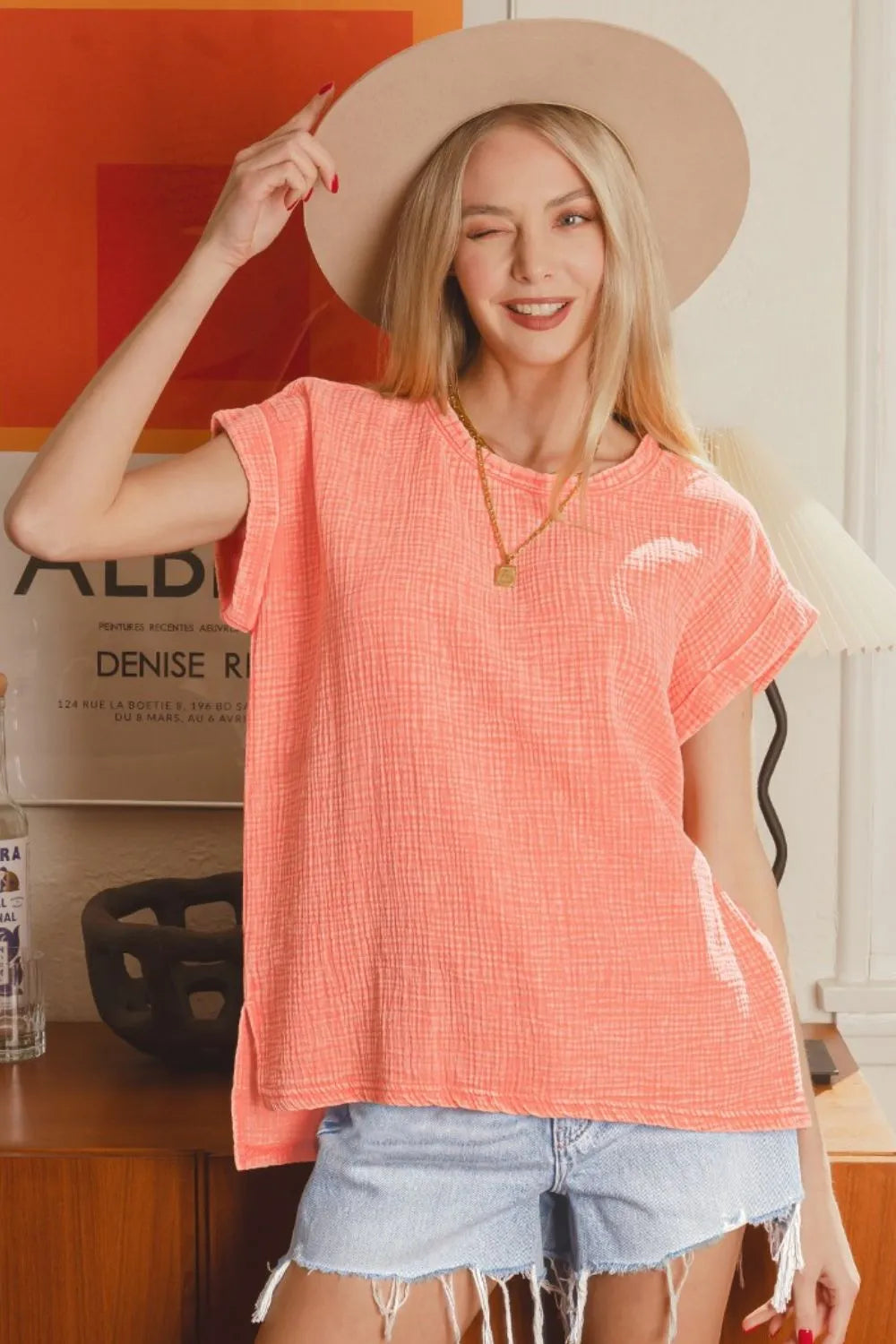 Zenana Woven Double Gauze Acid Washed Short Sleeve Top