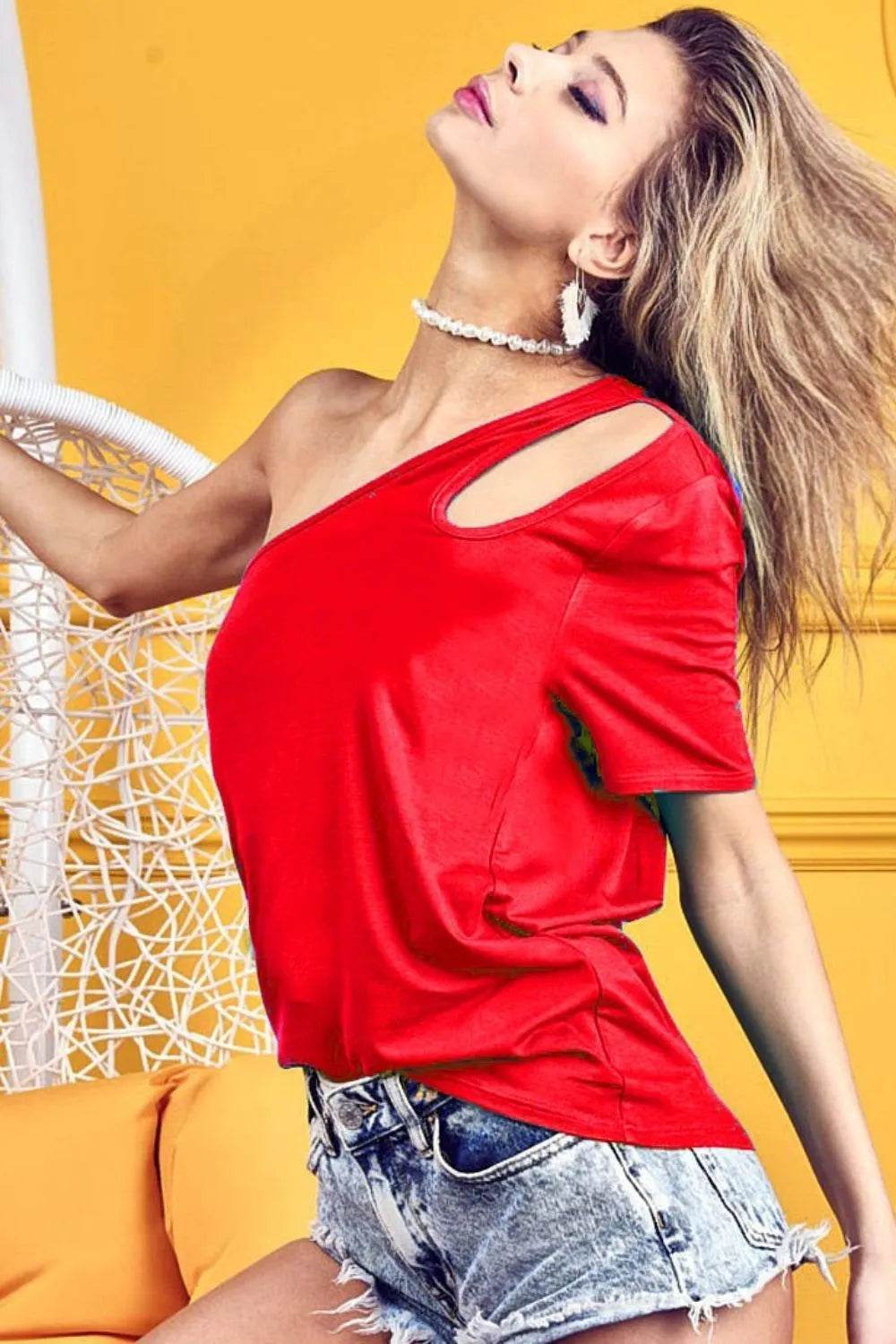Trendy One Shoulder Cut Out Top - Chic Edgy Style, Slightly Stretchy 100% Cotton - Fits S to XL