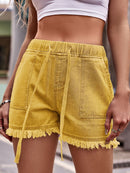 Drawstring Raw Hem Denim Shorts Mustard