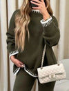 Contrast Trim Round Neck Top and Pants Sweater Set Military Green