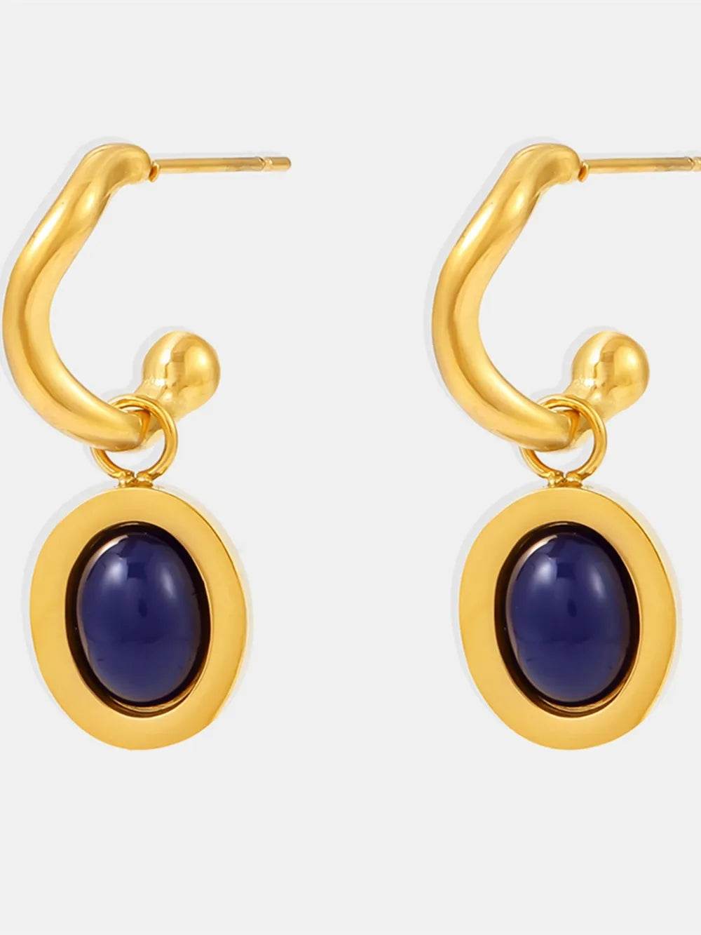 Elegant 18K Gold-Plated Stainless Steel Oval Drop Earrings with Agate and Kyanite Accents