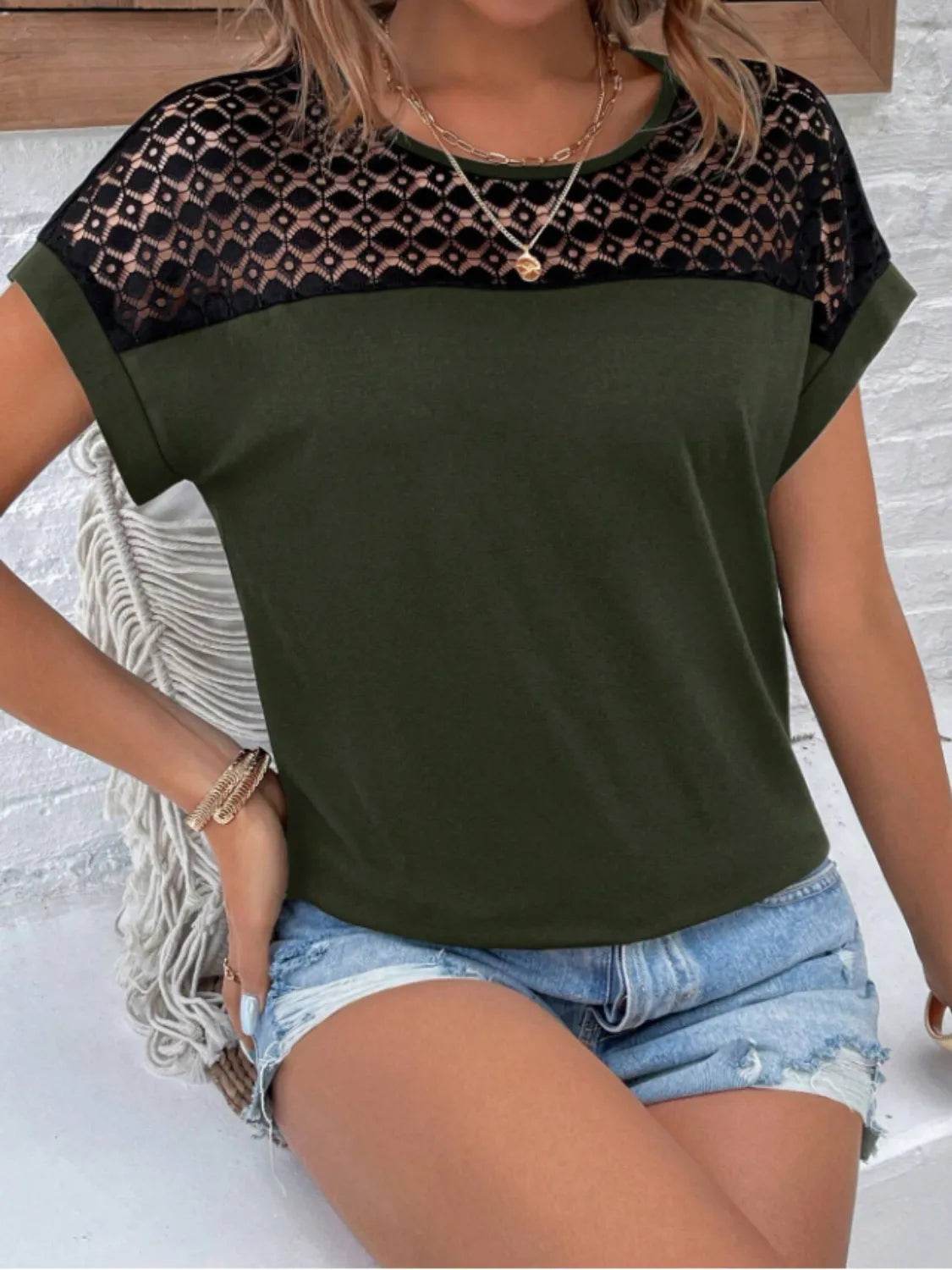 Lace Cutout Round Neck Short Sleeve T-Shirt for Women - 60% Polyester Casual Top