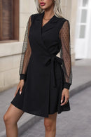 Perfee Lapel Collar Tied Mesh Long Sleeve Dress