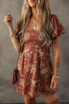 Floral Puff Sleeve Square Neck Knot Open Back Mini Dress Caramel