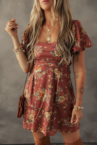 Floral Puff Sleeve Square Neck Knot Open Back Mini Dress Caramel
