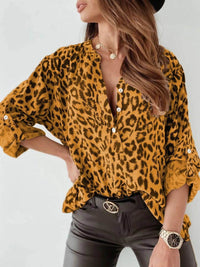 Full Size Leopard Print Roll-Tab Sleeves Blouse Plus Size - Store 42