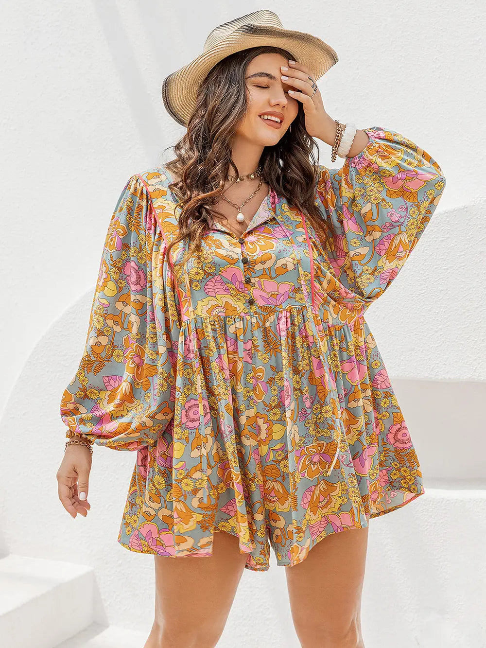 Plus Size Floral Tie Neck Romper with Balloon Sleeves - 100% Viscose, Opaque Style