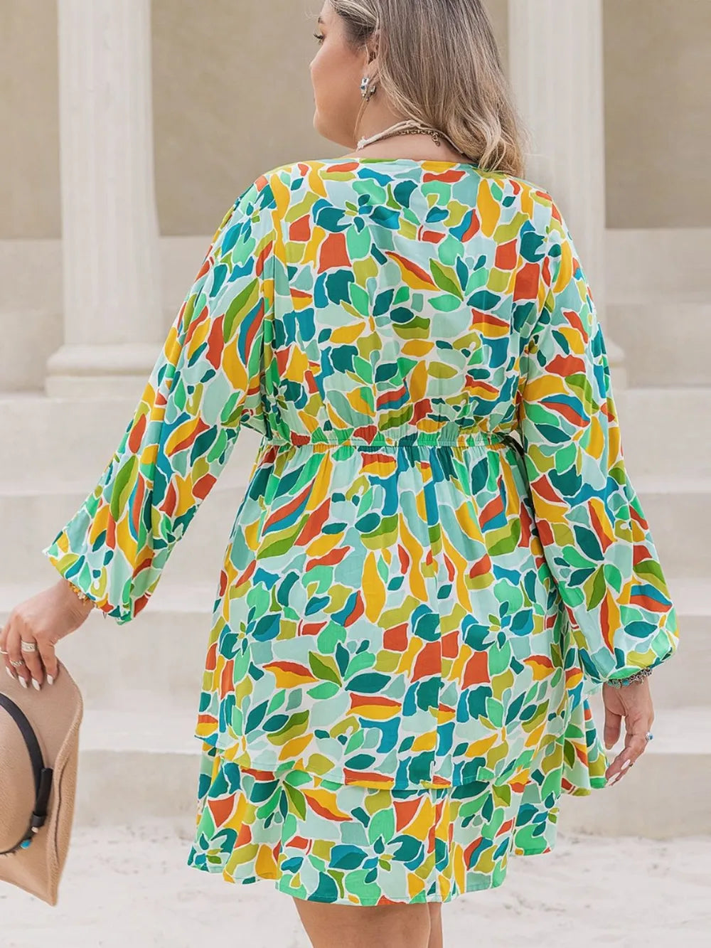Plus Size 100% Viscose Printed Surplice Mini Dress with Ruched Long Sleeves