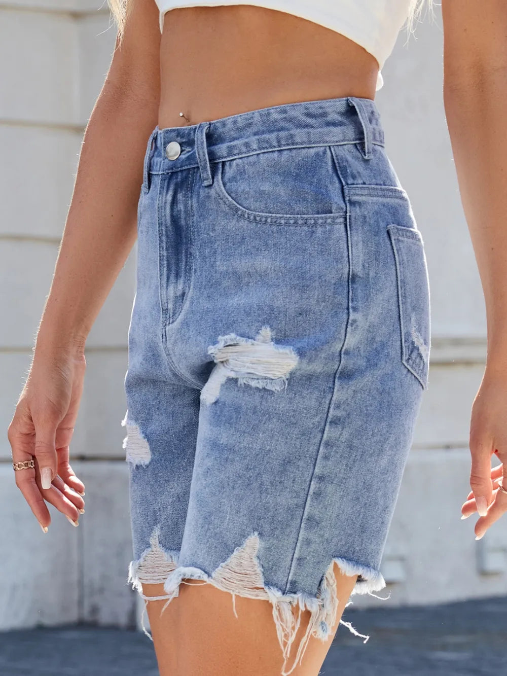 Trendsi Distressed Raw Hem Denim Shorts for Women - Classic Style, No Stretch, Casual Fit