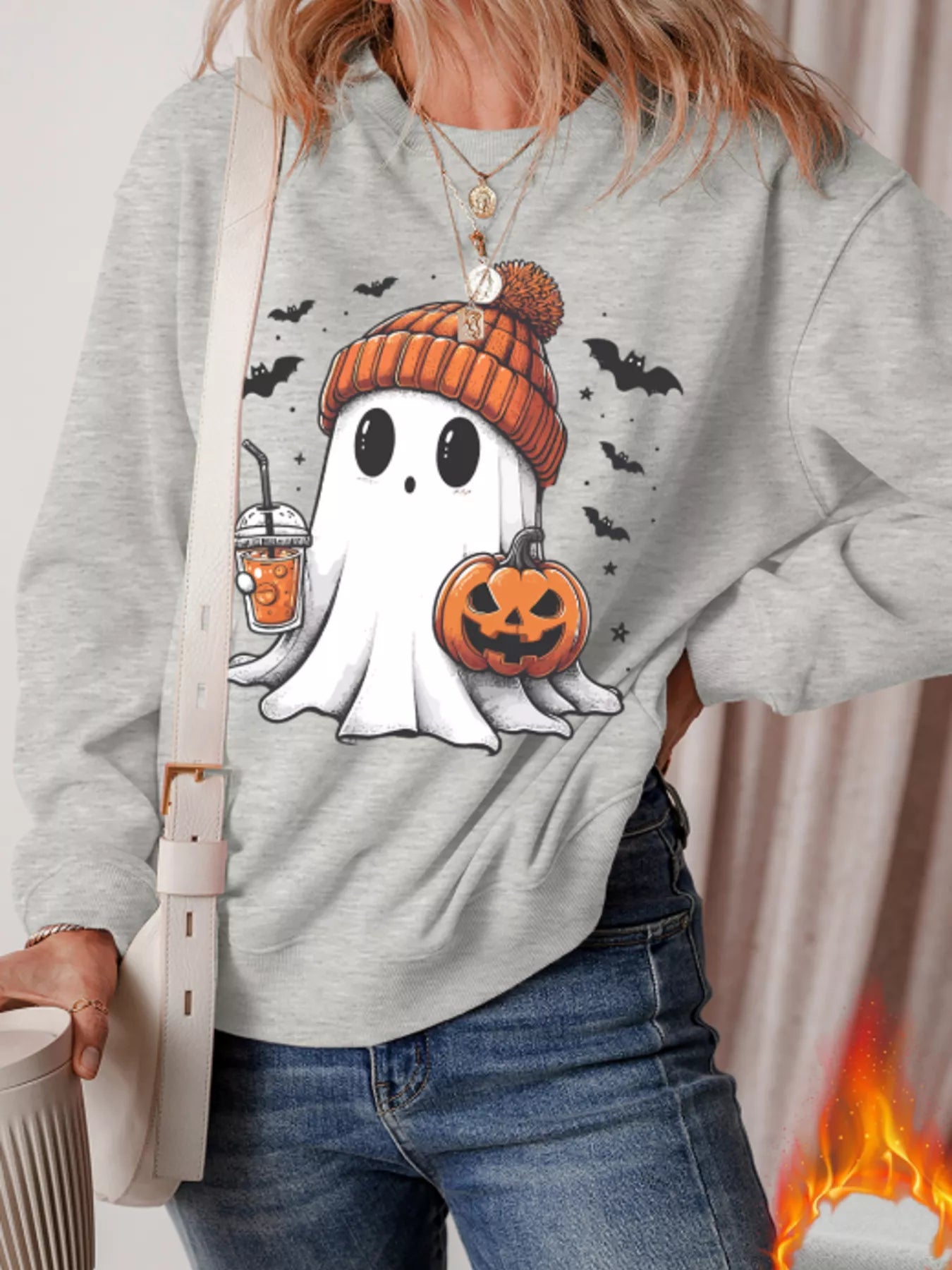 Spooky Chic Halloween Ghost Round Neck Sweatshirt - Cozy 50% Cotton Blend, Slightly Stretchy