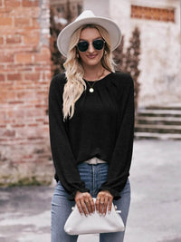 Slightly Stretchy Ruched Round Neck Long Sleeve T-Shirt - Casual Everyday Essential - Store 42