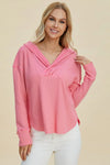 Double Take Full Size High-Low Dropped Shoulder Long Sleeve Hoodie Pink