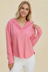 Double Take Full Size High-Low Dropped Shoulder Long Sleeve Hoodie Pink