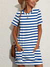 Contrast Striped Round Neck Short Sleeve Dress Blue