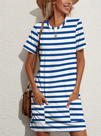 Contrast Striped Round Neck Short Sleeve Dress Blue