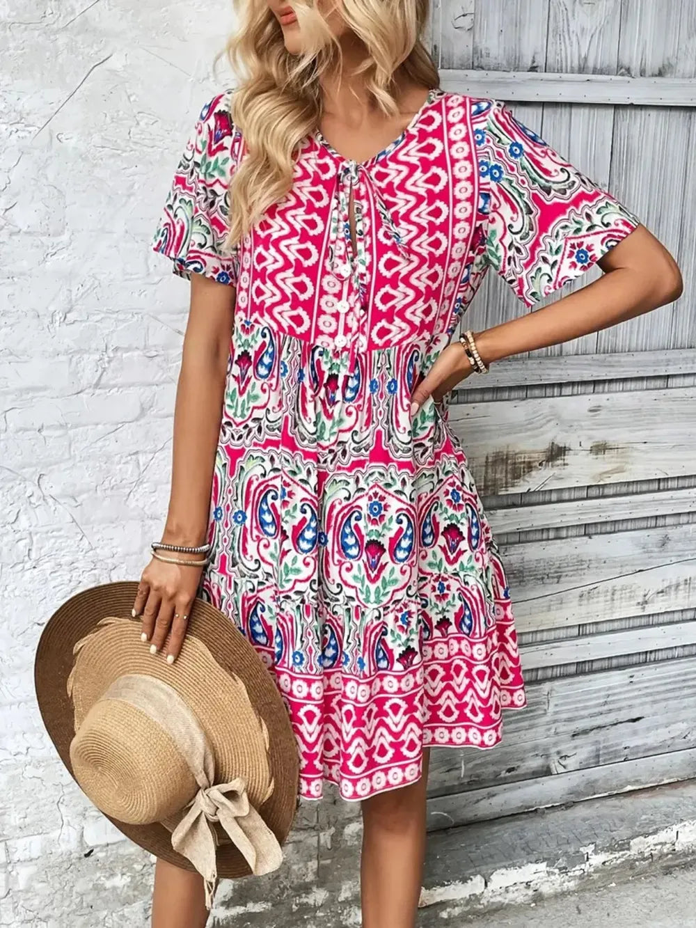 Floral Printed Tie Neck Short Sleeve Dress with Decorative Button - Opaque & Unlined