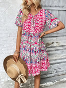 Printed Tie Neck Short Sleeve Dress