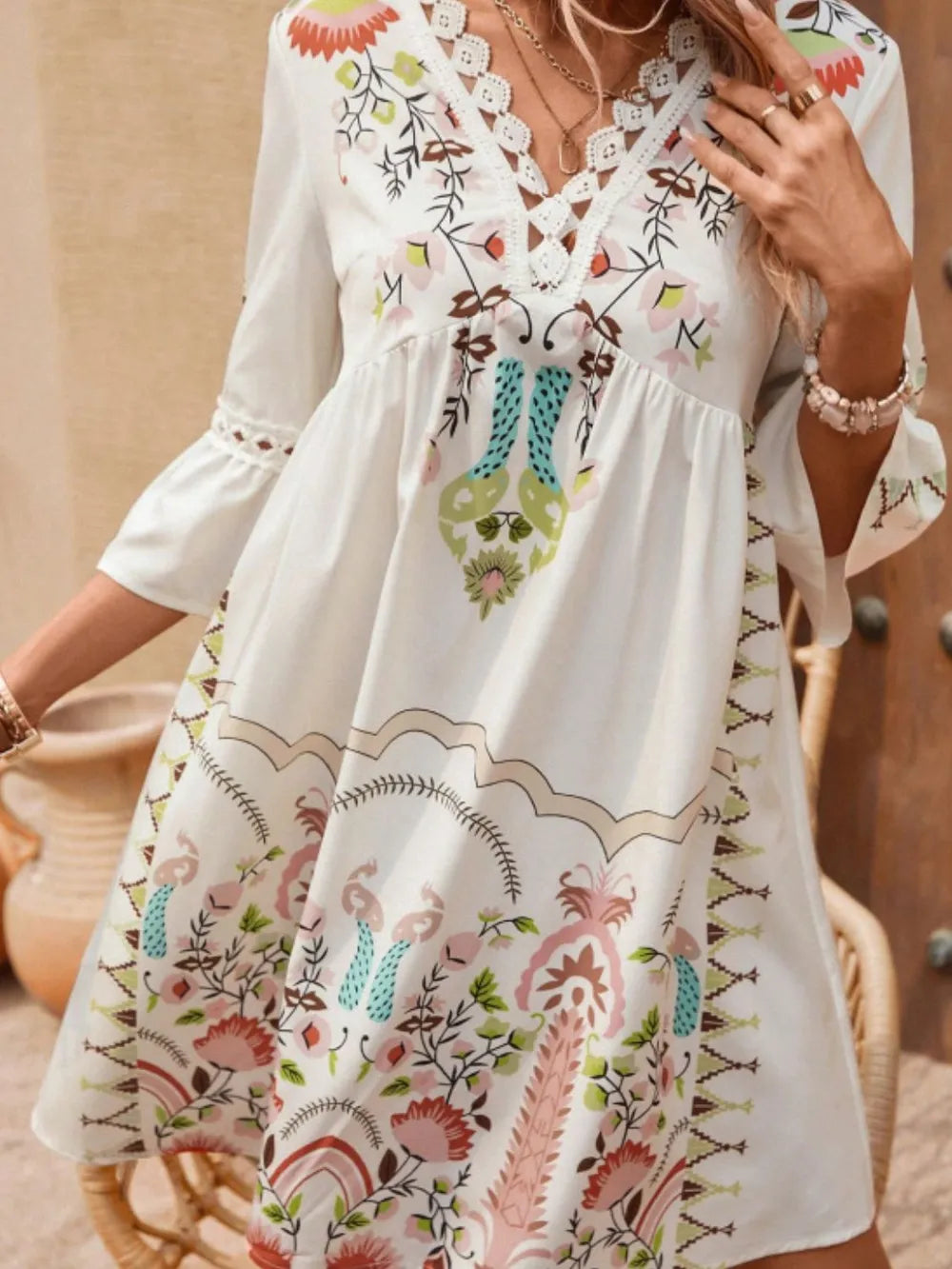 Lace Detail Semi-Sheer 3/4 Sleeve A-Line Dress - 100% Polyester, Elegant Floral Print