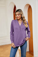Trendsi Buttoned Notched Neck Long Sleeve Top - Slightly Stretchy Opaque Fabric - Store 42
